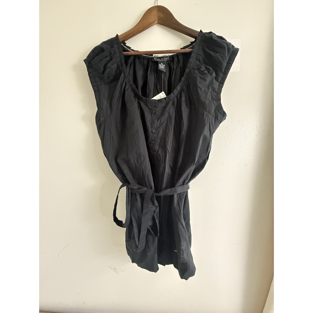 Dialogue Womens XL Black Cotton Tunic Top NWT Button Front Belted Boho
